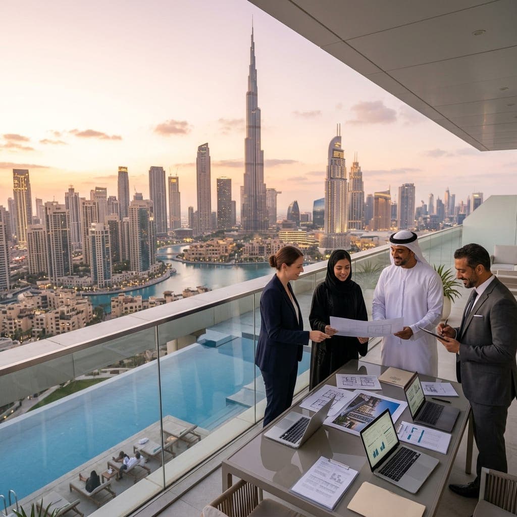 Renew-It team meeting on a Dubai balcony overlooking the skyline