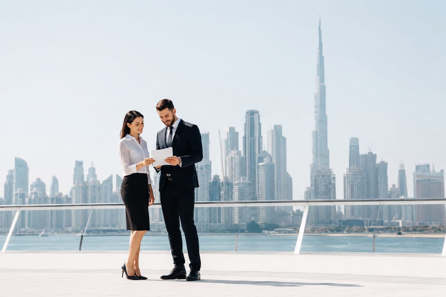 Renew-It consultants reviewing documents against the Dubai skyline